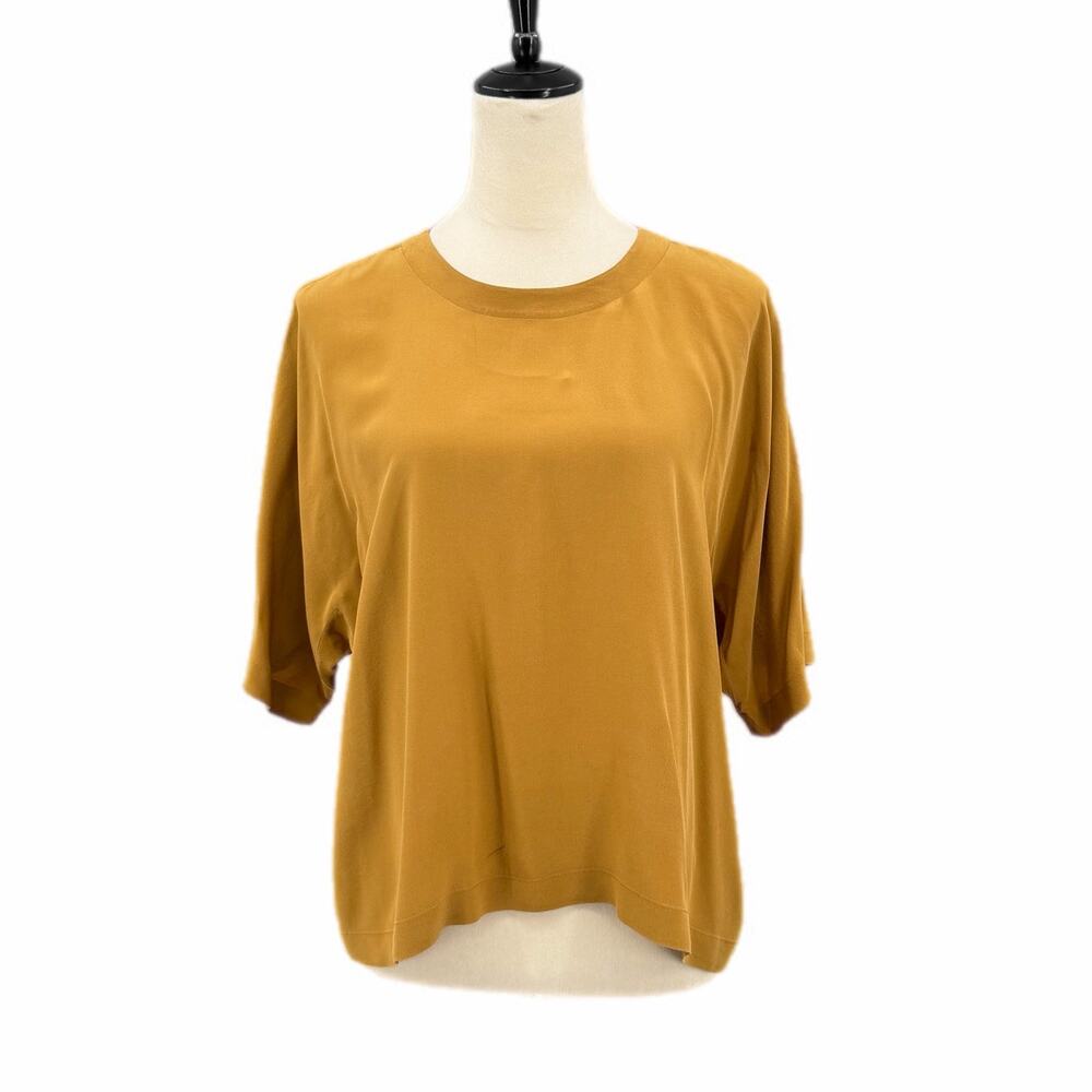 Vintage Ellen Tracy 100% Silk Short Sleeve Boxy Back Buttons Brown Blouse Top